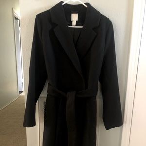 H&M long black tie belt coat. Size M.